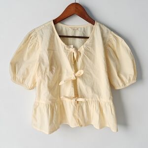 Sim Sam Tie Front Puff Sleeve Peplum Top Womens S Milk maid Cottagecore Yellow